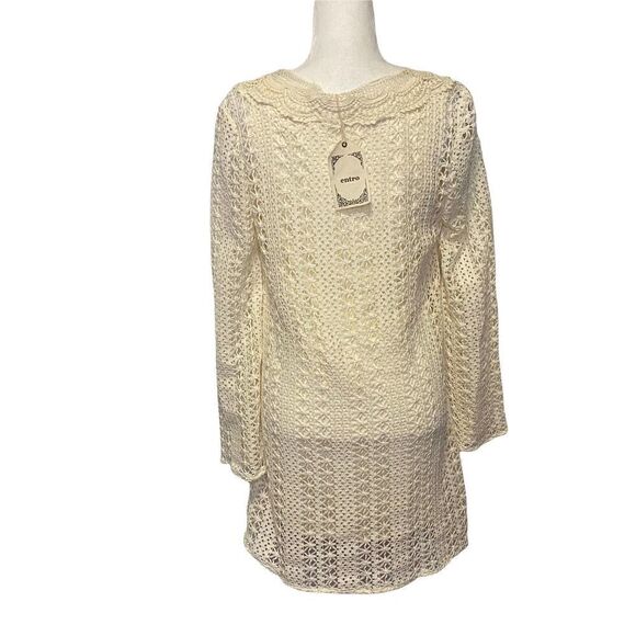 𝅺entro Dress‎ Boho Cream Ivory Crotched Knit Beachy Long Sleeve Size M - Picture 3 of 10